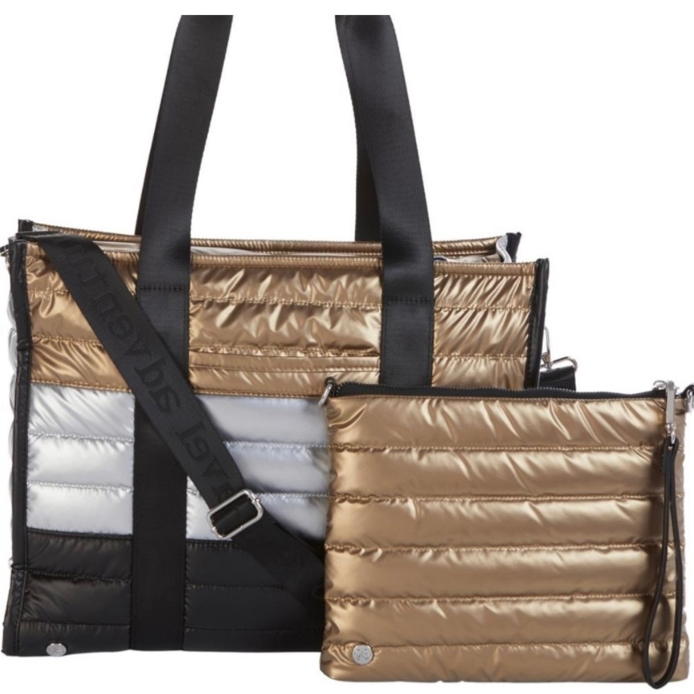 New Black silver gold metallic airplane crossbody purse and pouch